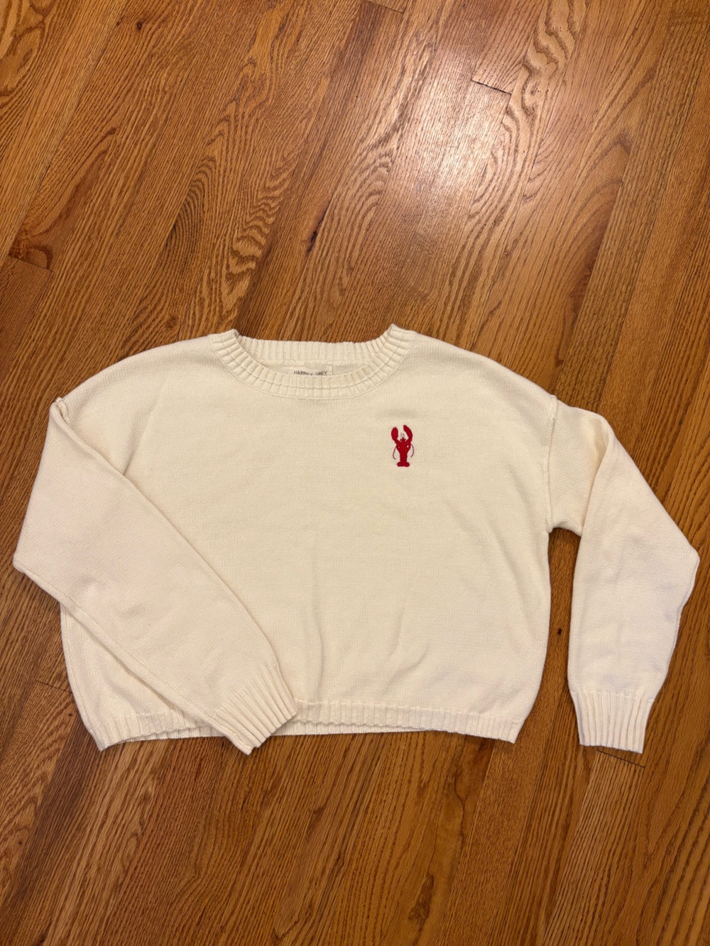 Happily Grey Lobster Embroidered Cream Knit Sweater Medium Coastal Preppy - Picture 2 of 7